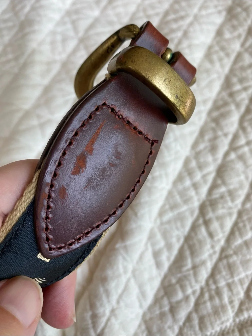YRI Eagle Ribbon Belt Black Tan Strap Leather Brass Buckle Preppy Old Money 38